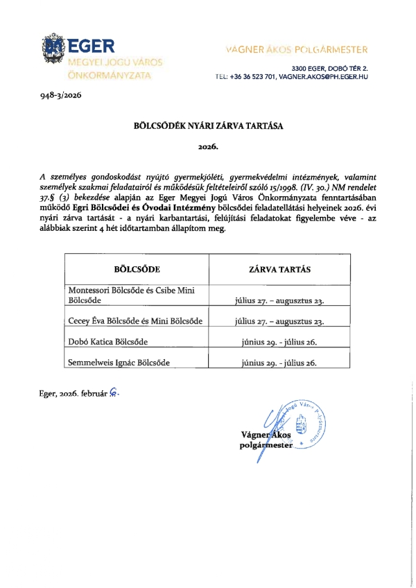 Nyári zárvatartás 2026.év